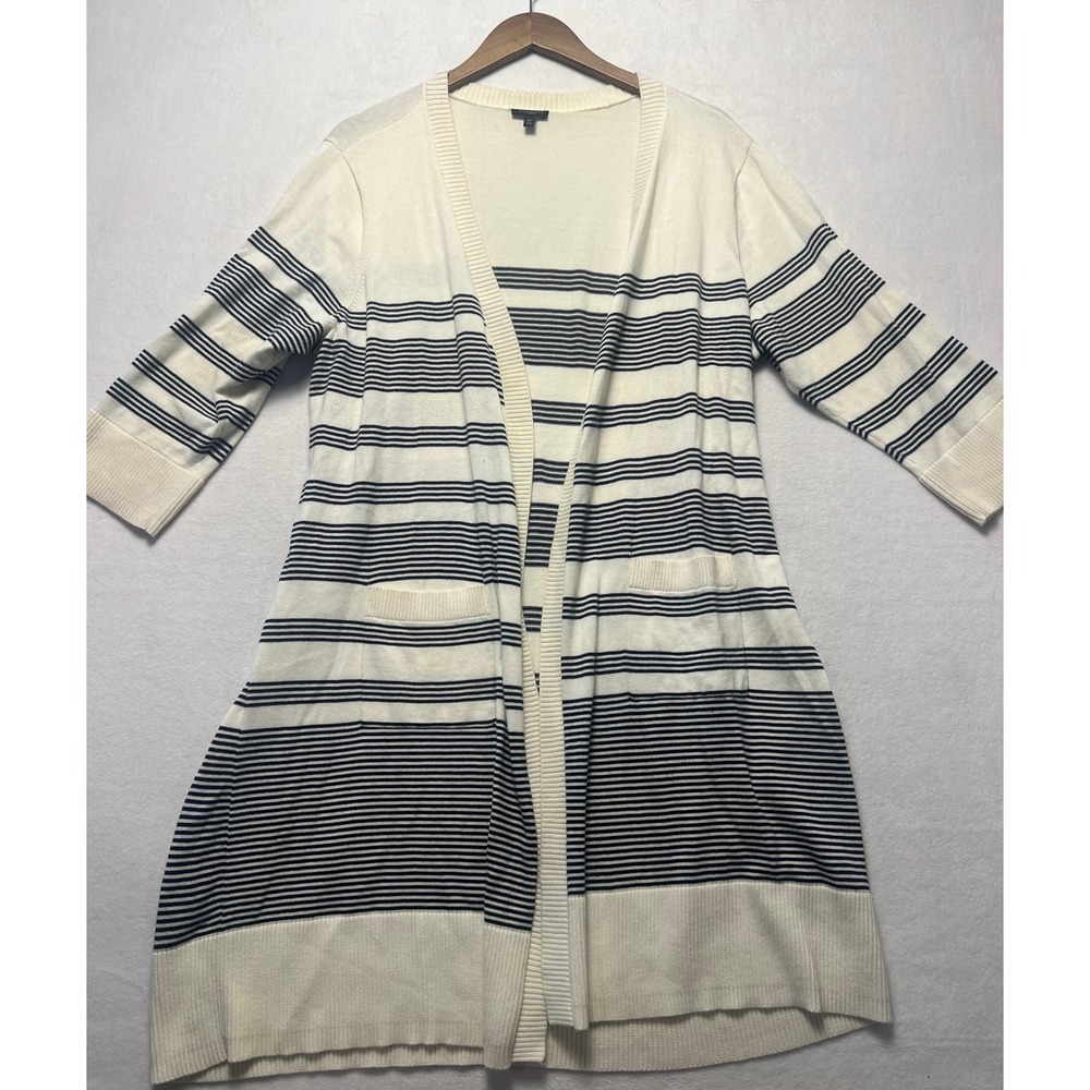 Talbots 2X Cardigan Nautical Preppy Ivory Navy Striped Pima Cotton Open Duster